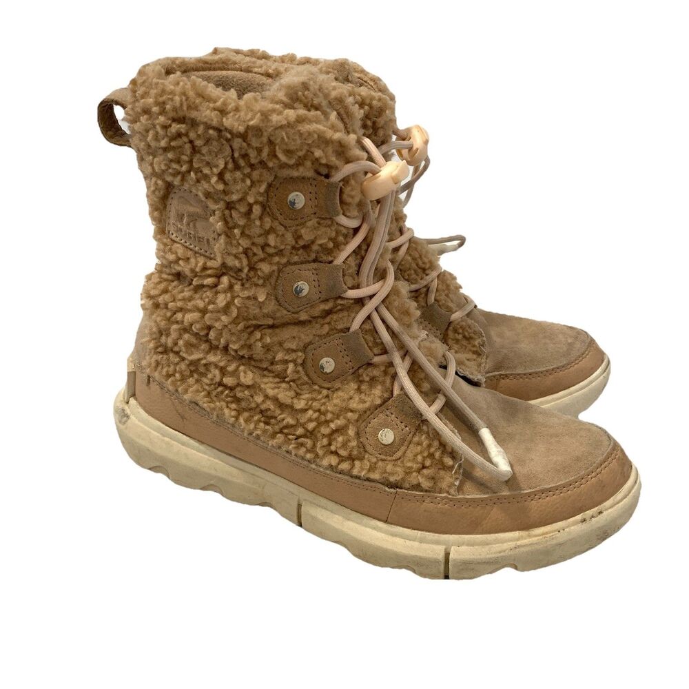 Sorel Explorer II Joan Cozy Boots Womens 5 Eur 37 Faux Fur Sherpa Tan Brown